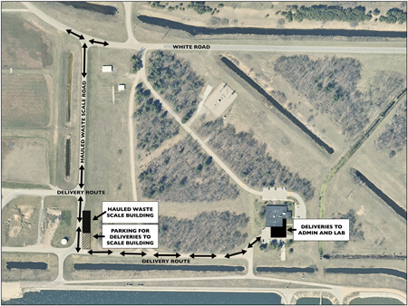 Aerial view of the land surround the Muskegon County Resource Recovery Center depicting appropriate routes of travel for all deliveries during the 2025 Renovation Project.