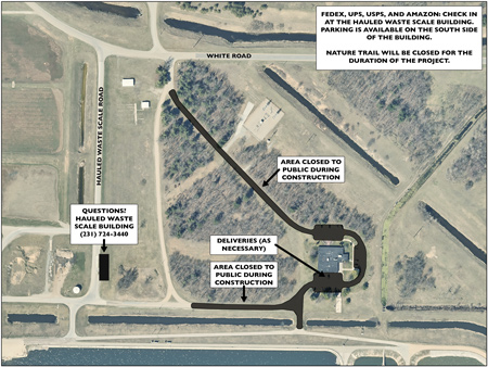 Aerial view of the land surround the Muskegon County Resource Recovery Center depicting which areas will be closed to all public traffic during the 2025 Renovation Project.